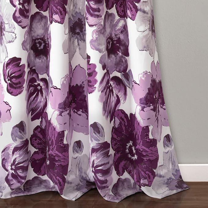 Lush Decor Leah Light Filtering Window Curtain Panels, Pair, 52" W x 95" L, Purple & Gray - Floral Drapes for Bedroom - Purple Curtains -Farmhouse Decor