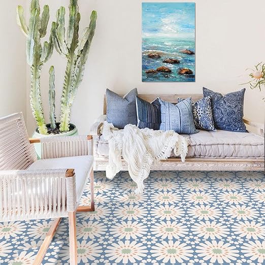 MORCART 20PCS 7.87" x 7.87" Peel and Stick Floor Tile, DIY Vinyl Flooring | Blue and White Floral Look, Self-Adhesive, Removable and Waterproof Tile Sticker for Bathroom, Kitchen, Wall, Stairs
