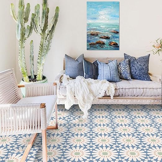 MORCART 40PCS 7.87" x 7.87" Peel and Stick Floor Tile, DIY Vinyl Flooring | Blue and White Floral Look, Self-Adhesive, Removable and Waterproof Tile Sticker for Bathroom, Kitchen, Wall, Stairs