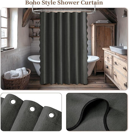 BTTN Long Shower Curtain, 72×78 Boho Scalloped Linen Textured Heavy Duty Cloth Shower Curtain Set with 12 Hooks, Large Rustic Farmhouse Waterproof Fabric Shower Curtains for Bathroom, Charcoal Grey