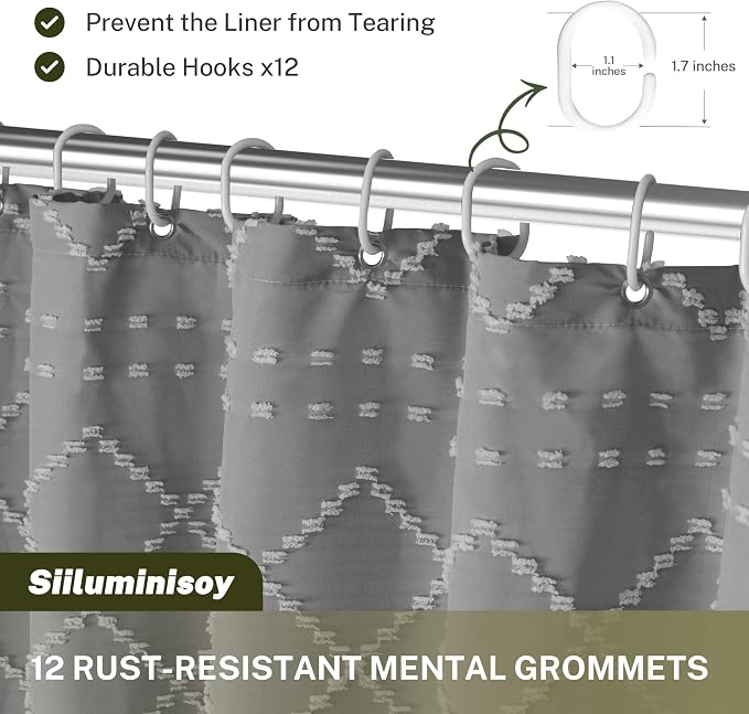 Siiluminisoy Extra Long Boho Grey Shower Curtain with Tassels 72 x 84, Tufted Chevron Striped Chenille Woven Fabric Cloth Shower Curtain Modern Farmhouse Minimalist, Shabby Chic Textured for Bathroom