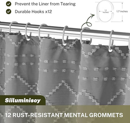 Siiluminisoy Extra Long Boho Grey Shower Curtain with Tassels 72 x 84, Tufted Chevron Striped Chenille Woven Fabric Cloth Shower Curtain Modern Farmhouse Minimalist, Shabby Chic Textured for Bathroom