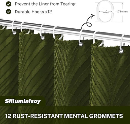 Olive Green Boho Shower Curtain Woven Fabric Cute Shower Curtain, 72 x 72 Tufted Leaves Textured Striped Modern Farmhouse Minimalist Cloth Shower Curtains for Bathroom