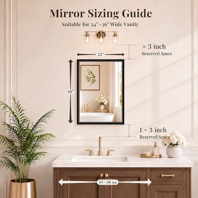 2 Pack 22x30 Inch Matte Black Bathroom Mirror for Over Sink | Curved Aluminum Frame Rectangular Vanity Mirror, HD Tempered Glass, Rust-Resistant Wall Mirror for Bedroom & Entryway