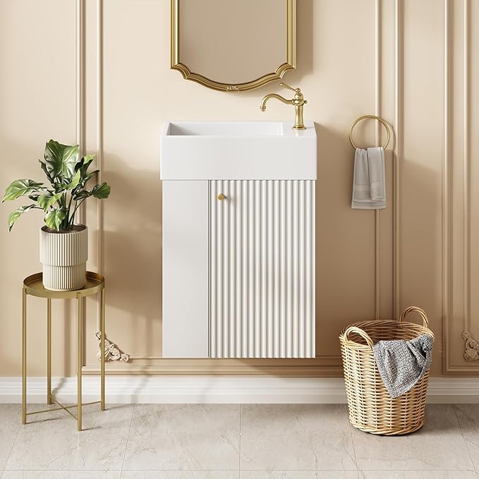 18.5" Floating Bathroom Vanity with Sink, Soft Closing Doors, Wood Modern Single Small Bathroom Vanity Cabinet with Open Shelf, Wall Mounted (White, Left Shelves)