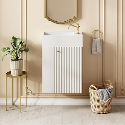 18.5" Floating Bathroom Vanity with Sink, Soft Closing Doors, Wood Modern Single Small Bathroom Vanity Cabinet with Open Shelf, Wall Mounted (White, Left Shelves)