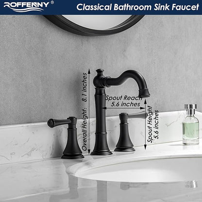 2-Handle Matte Black Bathroom Faucet 8 inch Widespread for 3 Holes with Plastic Pop-Up Drain, Classic Black Bathroom/Lavatory/Vanity Sink Faucets, High Arc 360° Swivel Brass Spout