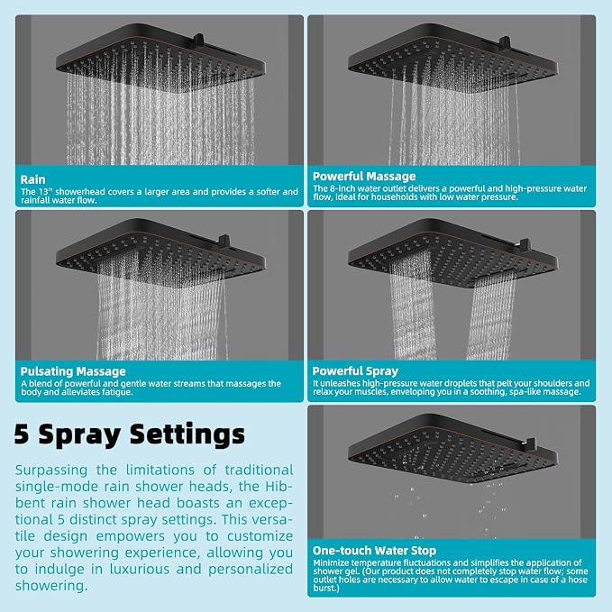 Hibbent Rain Filtered Shower Head, 13'' High Pressure Rainfall 5 Modes Showerhead with 16" Shower Head Extension Arm, Brass Adjustable Shower Arm Extender, 20 Stage Shower Filter, Oil Rubbed Bronze