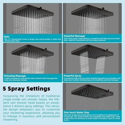 Hibbent Rain Filtered Shower Head, 13'' High Pressure Rainfall 5 Modes Showerhead with 16" Shower Head Extension Arm, Brass Adjustable Shower Arm Extender, 20 Stage Shower Filter, Oil Rubbed Bronze