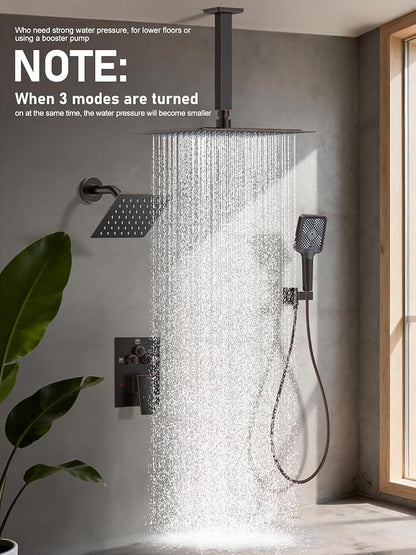 Woindo Shower Faucet Set, 10" Ceiling Mount Rainfall Shower System with 2 Rain Shower Head and Multi-function Handheld Head Push Button Diverter Shower Faucet Trim Kit