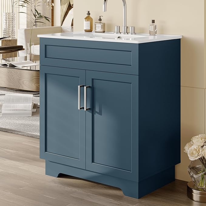 OLD CAPTAIN Bathroom Vanity with Ceramic Sink, 30" Freestanding Bathroom Cabinet Vanity with Storage, Quick Assembly Vanities Cabinet with Sink, Blue