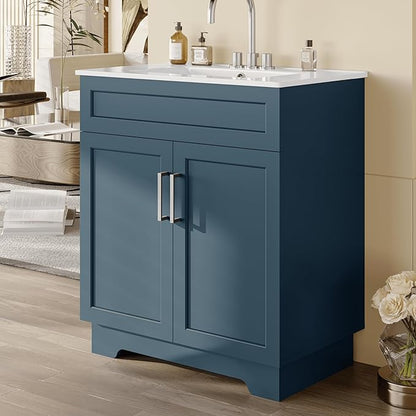 OLD CAPTAIN Bathroom Vanity with Ceramic Sink, 30" Freestanding Bathroom Cabinet Vanity with Storage, Quick Assembly Vanities Cabinet with Sink, Blue