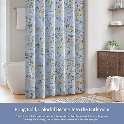 Martha Stewart Meadow Floral Shower Curtain for Bathroom, 72 x 72, Blue | Adds Privacy, Machine Washable, Farmhouse, OEKO-TEX Certified, Cotton-Rich Slub Texture