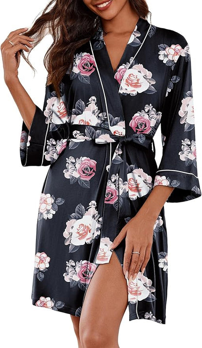 Ekouaer Women Kimono Robes Knee Length Knit Bathrobe Lightweight Soft Sleepwear V-neck Casual Ladies Loungewear
