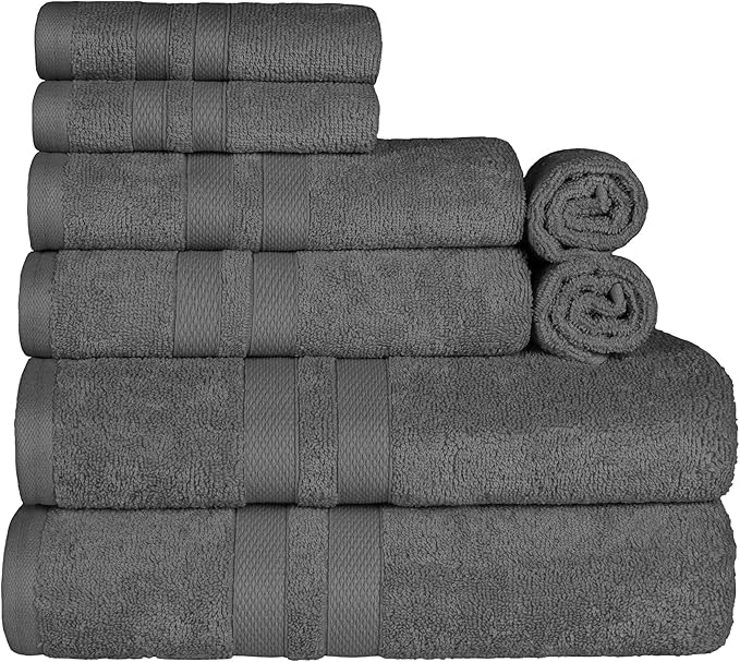 Superior Ultra-Soft 8-Piece Cotton Towel Set, Includes 2 Bath Towels, 2 Hand Towels, and 4 Washcloths, Daily Use Towels for Home, Bathroom, Guest Bath Room, Essential Quick Dry - Charcoal