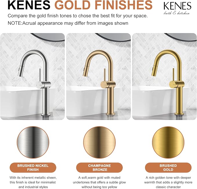 Champagne Bronze Pull Down Tall Vessel Sink Faucet 1 Hole 1 Handle | Vessel Bowl Faucet with Pop Up Drain & Supply Lines, Lead-Free cUPC & NSF Certified, 1 Hole Faucet for Vanity RV Restroom