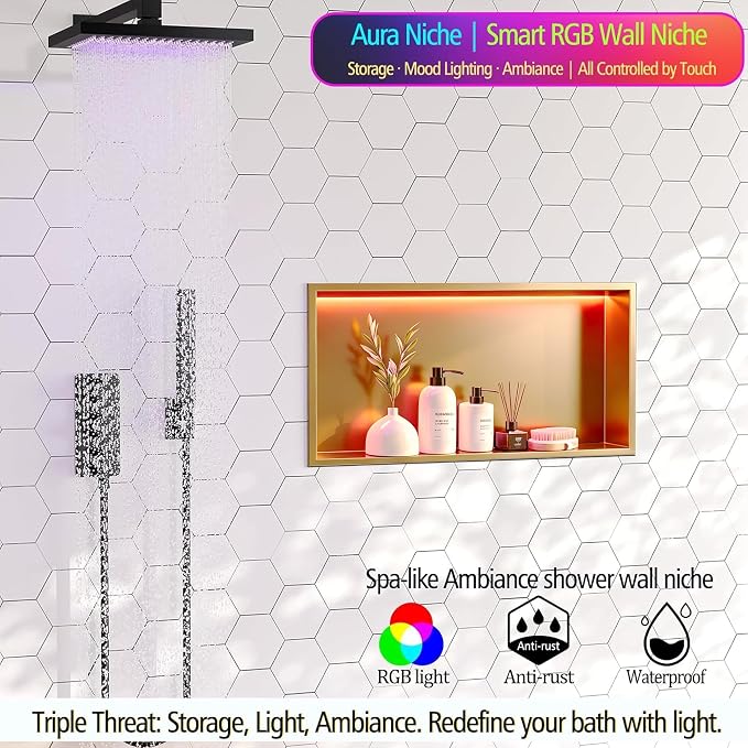 RGB LED Light Shower Niche, Gold 24X12 in Stainless Steel Wall Niche with Remote Control, Waterproof No Tile Needed Wall Niche for Bathroom Storage Over Mount Installation