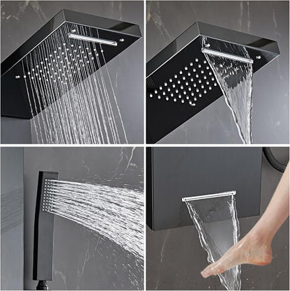 Shower Panel Tower System 5 in 1 Stainless Steel Shower Column | with Rainfall Waterfall Shower Head, Wall-Mount Rain Massage System with 3 Body Jet, Handheld, Tub Spout (Black)