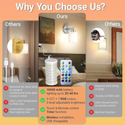 Battery Operated Wall Sconce Set of 2, Wireless Wall Sconce with Remote,10000mAh Rechargeable RGB Dimmable Bathroom Light Fixtures with Double Clear Glass Shade NOT Hardwired (Nickel)