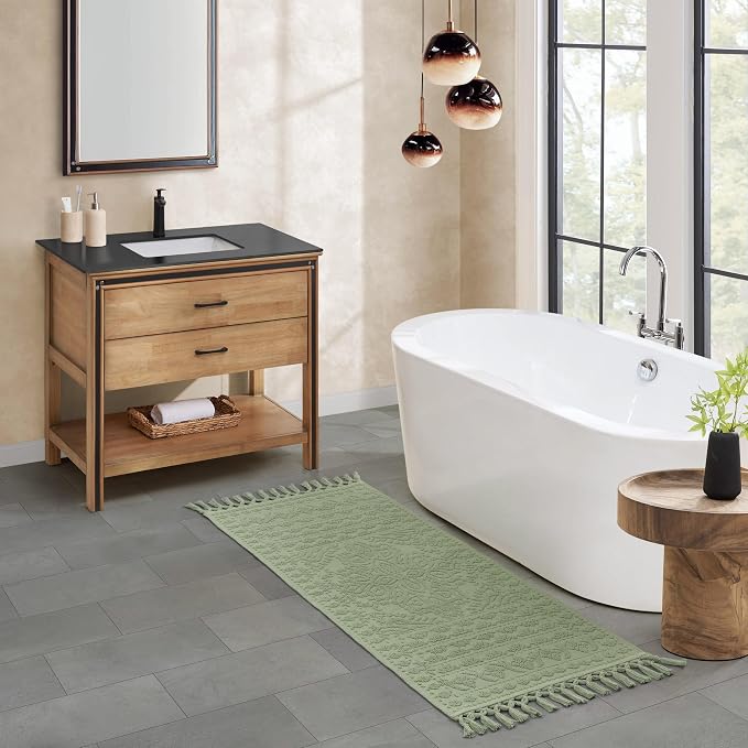 French Connection Nellore Bath Rugs, Woven and Beaded Bath Mats, Durable and Thick Bath Mats for Bathroom and Shower Rugs, 24" x 64", Sage Green