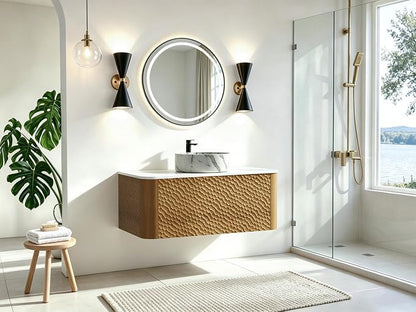 36 Inch Modern Bathroom Vanity with Ceramic Sink, Floating Bathroom Vanity Cabinet with Sintered Stone Top&Solid Wood Hammered Frame, Single Sink Bathroom Vanities w/Soft-Close Drawers,Natural