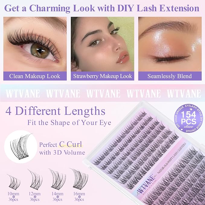 Wispy Lash Clusters Kit Natural Eyelash Clusters Extensions Kit 144pcs Individual Lashes DIY Lash Extension Kit with 10-16mm Lashes Clusters, Lash Bond and Seal,Lash Tweezers by Wtvane
