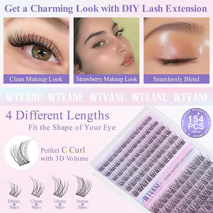 Wispy Lash Clusters Kit Natural Eyelash Clusters Extensions Kit 144pcs Individual Lashes DIY Lash Extension Kit with 10-16mm Lashes Clusters, Lash Bond and Seal,Lash Tweezers by Wtvane