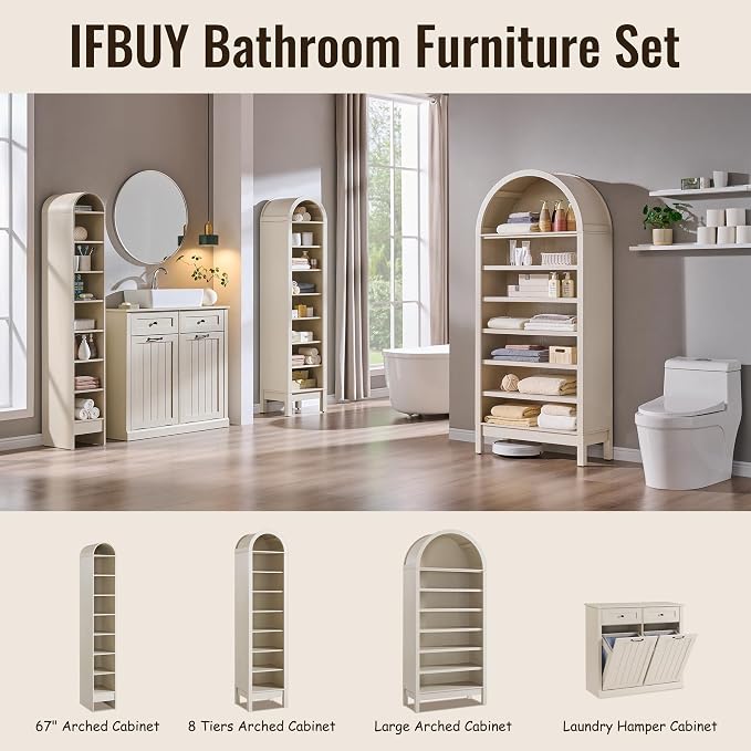IFBUY 71" Tall Arched Bathroom Storage Cabinet, 7-Tier Modern Farmhouse Storage Cabinet with Adjustable Shelves, Wood Freestanding Cabinet for Bathroom, Living Room, Entryway, Hallway (Cream)