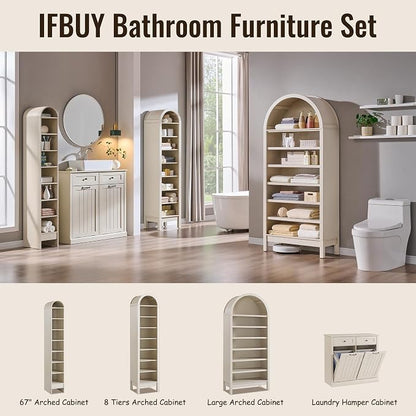 IFBUY 71" Tall Arched Bathroom Storage Cabinet, 8-Tier Modern Farmhouse Storage Cabinet with Adjustable Shelves, Wood Freestanding Cabinet for Bathroom, Living Room, Entryway, Hallway (Cream)