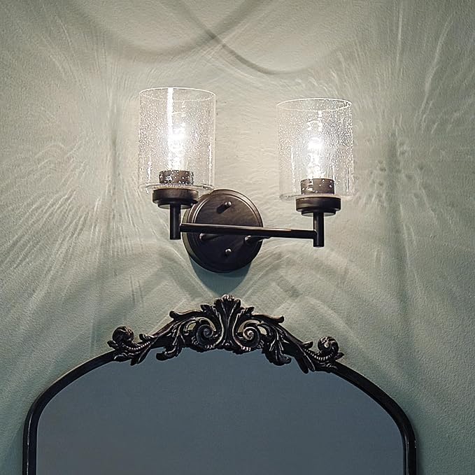Kichler Winslow 2-Light Farmhouse Vanity Light, Black | Clear seeded glass vanity light with industrial styling (12.75" x 9.25" x 6.5"), 45885BK