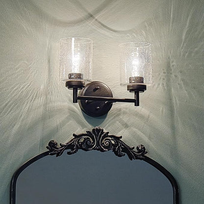 Kichler Winslow 2-Light Farmhouse Vanity Light, Black | Clear seeded glass vanity light with industrial styling (12.75" x 9.25" x 6.5"), 45885BK