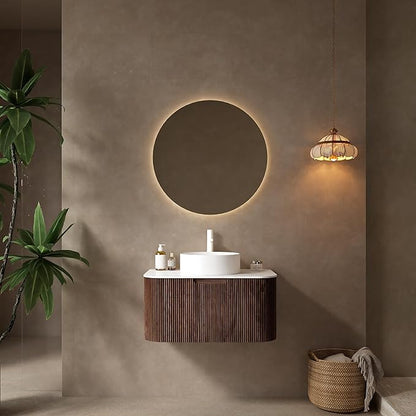 Yayzy 30" Floating Bathroom Vanity with Sink, Solid Wood Fluted Cabinet, White Round Ceramic Basin & Faux Marble Top, Soft-Close Drawer, Pre-Assembled, Walnut Woodgrain