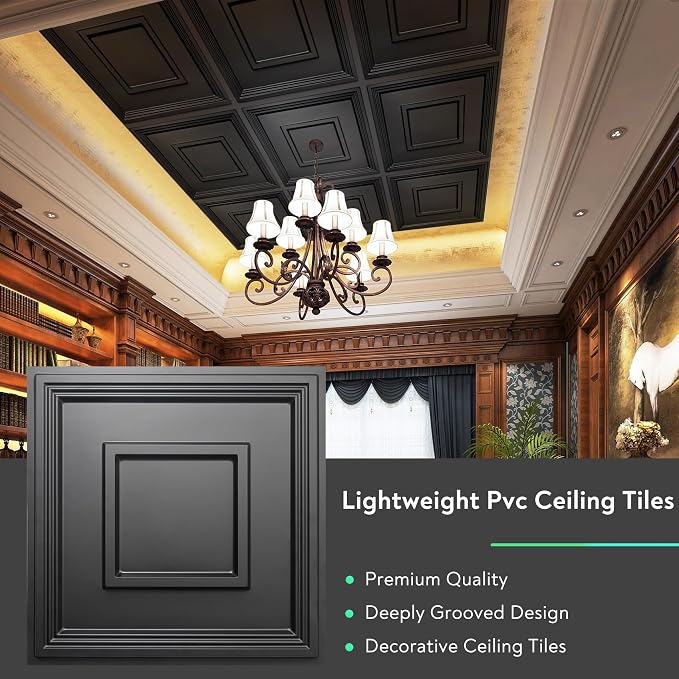 STICKGOO Black Drop Ceiling Tile 2ft x 2ft, Ceiling Panel High-Grade PVC Coverings 24 x 24in - 24 Pack Cover 96 Sq. Ft