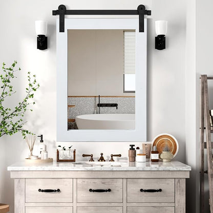 COGOOD Farmhouse Bathroom Mirrors for Over Sink - 38 x 25 Pure White | Rustic Barn Door Wood Framed Vanity Mirror for Entryway, Living Room, Bedroom, Dresser Wall Decor