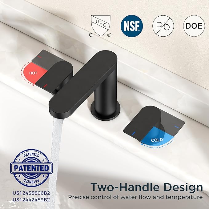 FORIOUS Matte Black Bathroom Faucet 3 Hole, 8 Inch Widespread Bathroom Sink Faucet with Pop-up Drain and cUPC Supply Lines for Basin, Vanity, Laundry Room and Restroom