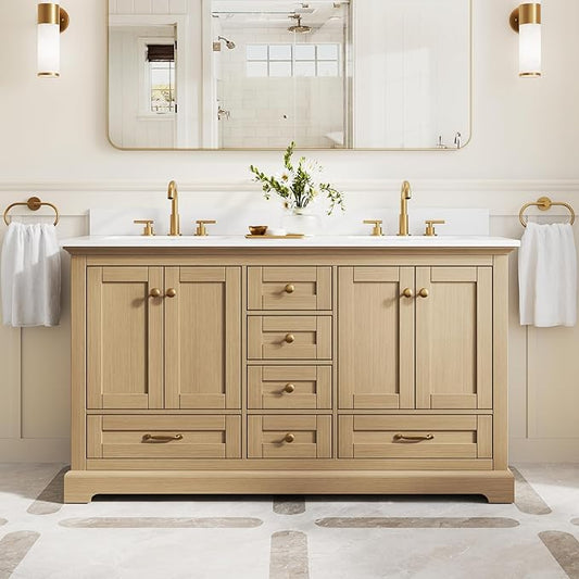 WELLFOR 60" Bathroom Vanity with Double Sinks, Bathroom Freestanding Vanity W/4 Soft-Close Doors and 6 Drawers, Large Storage Space Vanity, Bathroom Vanity with Cultured Marble Countertop (Oak)