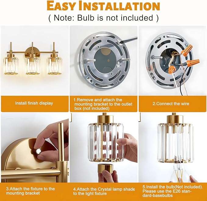 Bathroom Lighting Fixtures, 3 Light Gold Bathroom Light Fixtures with Clear Shades Modern Crystal Vanity Light Bath Room Vanity Lighting Over Mirror Wall Light