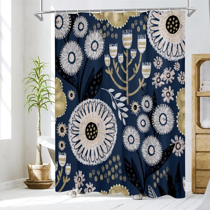 Boho Floral Shower Curtain, Dark Blue Botanical Fabric Curtain, 72 x 78 | Boho floral, vintage botanical, dark floral, rustic farmhouse, colorful flowers, fabric shower curtain