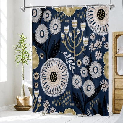 Boho Floral Shower Curtain, Dark Blue Botanical Fabric Curtain, 72 x 78 | Boho floral, vintage botanical, dark floral, rustic farmhouse, colorful flowers, fabric shower curtain