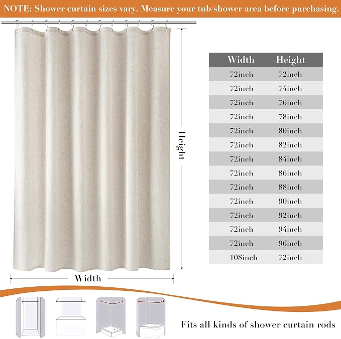 Extra Long Linen Shower Curtain for Bathroom 84 Inch Cream Beige | Weighted Shower Curtains with Hooks,Neutral Rustic Boho Farmhouse, Simple Luxury Bath Curtain, 1 Panel, 72x84, Natural Ivory