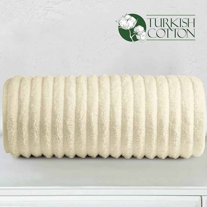Elegant Comfort 100% Turkish Cotton Corduroy Ribbed Luxury Jumbo Bath Towel Ultra Soft - 35 x 70 Inch - Luxury Spa Premium Hotel Quality Highly Absorbent and Quick Dry Large Bath Towel, Ivory