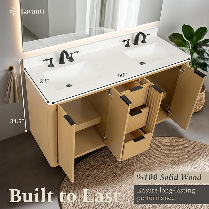 Lavanti Wooderna 60 Inch Bathroom Vanity with Sink – Stylish Firwood Oak Vanity Bathroom with Storage Cabinet – Modern Bathroom Vanities with Double Vanity Sink & Quartz Countertop