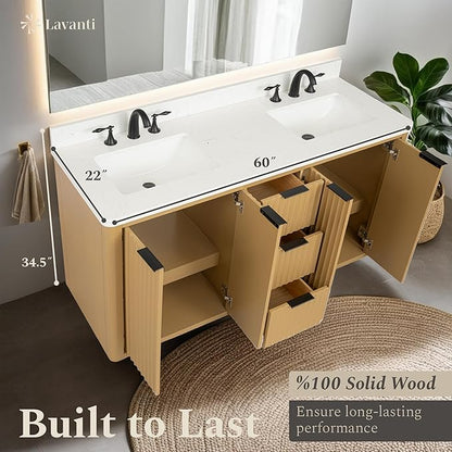 Lavanti Wooderna 60 Inch Bathroom Vanity with Sink – Stylish Firwood Oak Vanity Bathroom with Storage Cabinet – Modern Bathroom Vanities with Double Vanity Sink & Quartz Countertop
