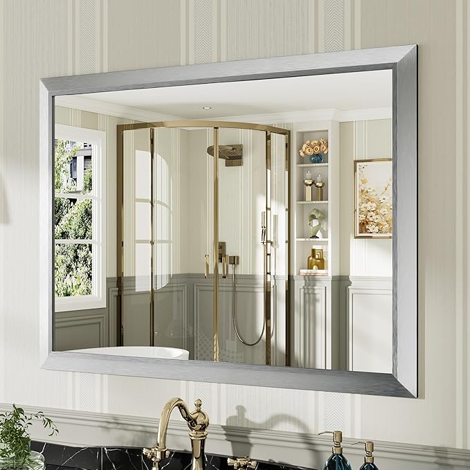 40x30 Inch Brushed Silver Bathroom Mirror for Wall, Thick Metal Framed Rectangle Mirrors for Over Sink, Bedroom, Living Room, Entryway, Anti-Rust, HD Tempered Glass