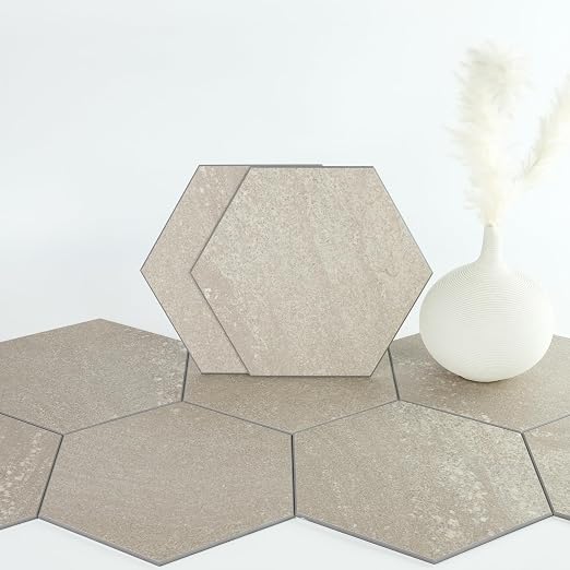 W&S 24-Sheets Beige Hexagon Peel and Stick Floor Tile, Faux Stone Peel and Stick Backsplash for Kitchen, Self Adhesive Luxury Flooring Tile DIY for Bathroom, Living Room, RV