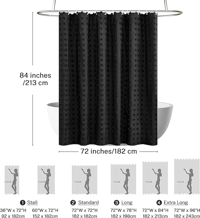 Extra Long Black Boho Shower Curtain Woven Fabric Cute 84 Inch Shower Curtain, 72 x 84 Tufted Pleat Floral Textured Modern Farmhouse Minimalist Shower Curtain Set with Hooks for Bathroom