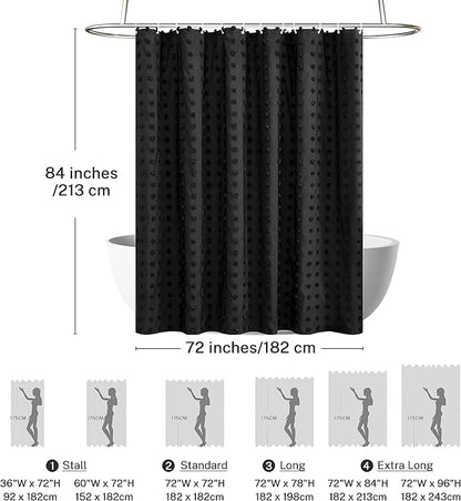 Extra Long Black Boho Shower Curtain Woven Fabric Cute 84 Inch Shower Curtain, 72 x 84 Tufted Pleat Floral Textured Modern Farmhouse Minimalist Shower Curtain Set with Hooks for Bathroom