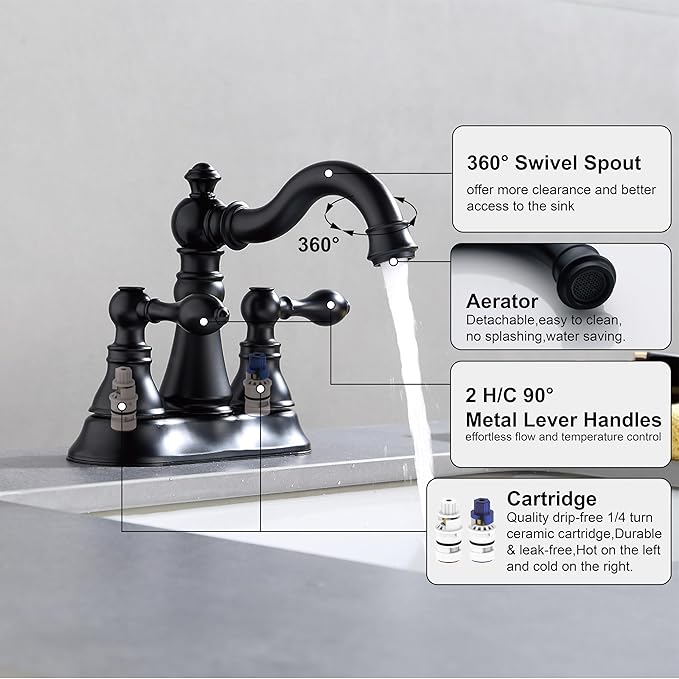 Two Handle Matte Black Bathroom Faucet 3 Hole with Pop up Drain Assembly, Classic 4 Inch Centerset Lavatory Faucet with 360° Swivel Spout,F-0048-MT