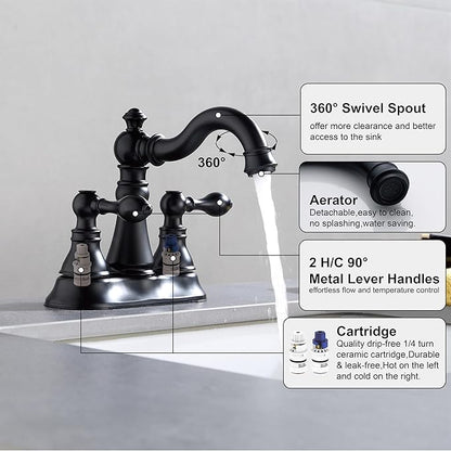 Two Handle Matte Black Bathroom Faucet 3 Hole with Pop up Drain Assembly, Classic 4 Inch Centerset Lavatory Faucet with 360° Swivel Spout,F-0048-MT
