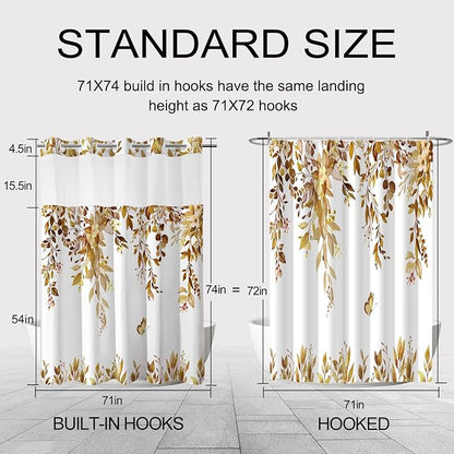 No Hook Shower Curtain and Liner Set, Yellow Eucalyptus 71x74 | Floral Design, with Snap in Liner, Waterproof, Machine Washable, Quick-Drying, for Hotel Bathroom